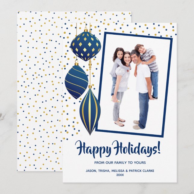 Gold and Blue Christmas Tree Ornaments Photo Holiday Card (Front/Back)