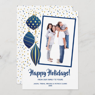 Gold and Blue Christmas Tree Ornaments Photo Holiday Card