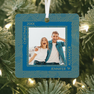 Gold and Blue Couples Photo Metal Ornament