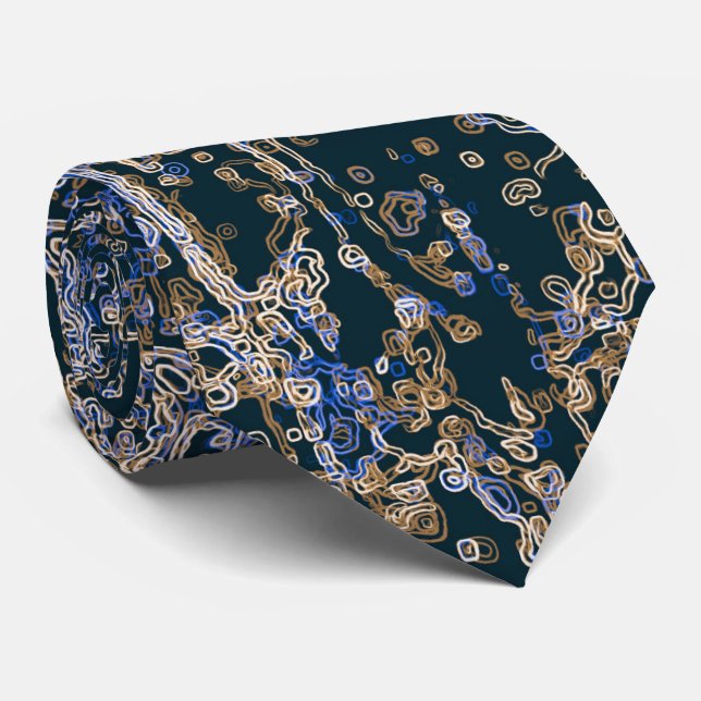 Gold and Blue Curvy Line Pattern Neck Tie (Rolled)