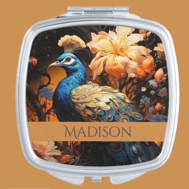 Gold and Blue Custom Name Pretty Peacock Compact Mirror (Creator Uploaded)