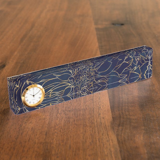 Gold and Blue Dahlia Flower Desk Name Plate (Side)