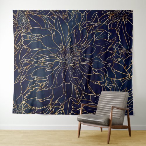 Gold and Blue Dahlia Flower Tapestry