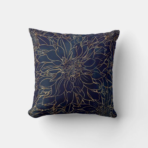 Gold and Blue Dahlia Flower Throw Pillow