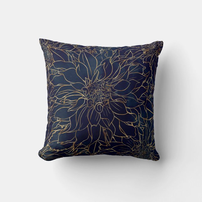 Gold and Blue Dahlia Flower Throw Pillow (Front)