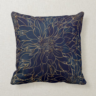 Gold and Blue Dahlia Flower Throw Pillow