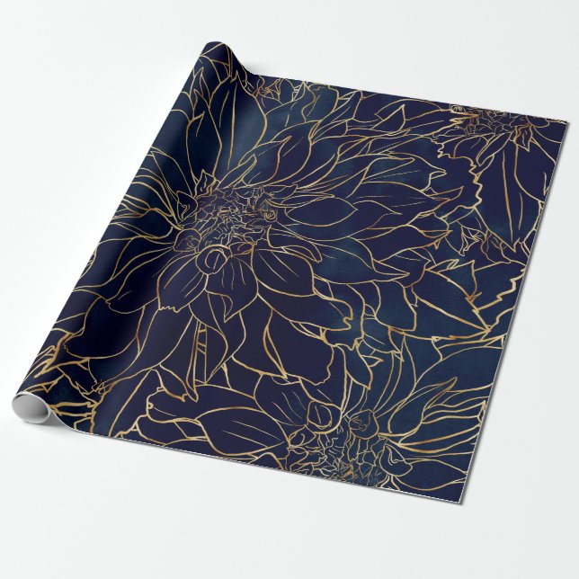 Gold and Blue Dahlia Flower Wrapping Paper (Unrolled)