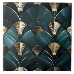 Gold and Blue Deco, Art Deco Fan Ceramic Tile