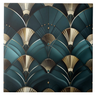 Gold and Blue Deco, Art Deco Fan Ceramic Tile