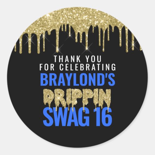 Gold and Blue Drippin Swag 16 Birthday  Classic Round Sticker