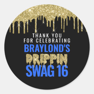 Gold and Blue Drippin Swag 16 Birthday Classic Round Sticker