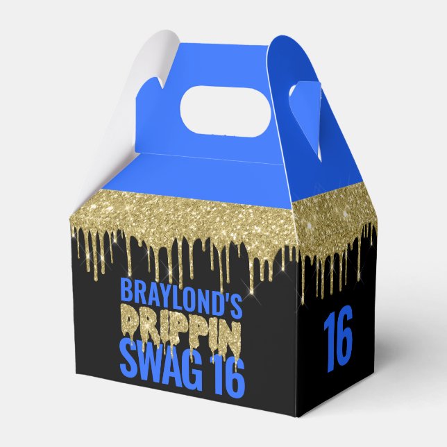 Gold and Blue Drippin Swag 16 Birthday  Favor Boxes (Front Side)
