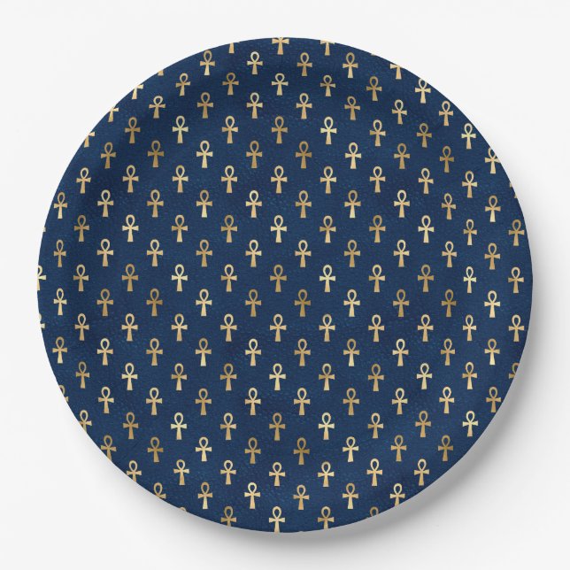 Gold and Blue Egyptian Ankh Pattern  Paper Plates (Front)