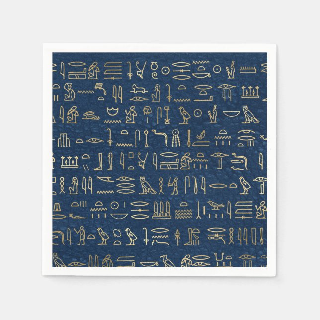 Gold and Blue Egyptian Hieroglyphs Pattern  Napkins (Front)