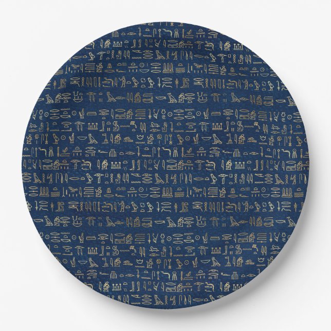 Gold and Blue Egyptian Hieroglyphs Pattern  Paper Plates (Front)
