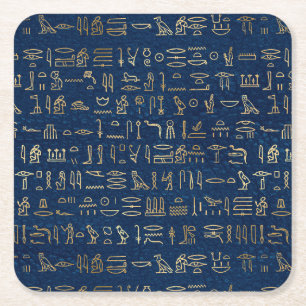 Gold and Blue Egyptian Hieroglyphs Pattern Square Paper Coaster