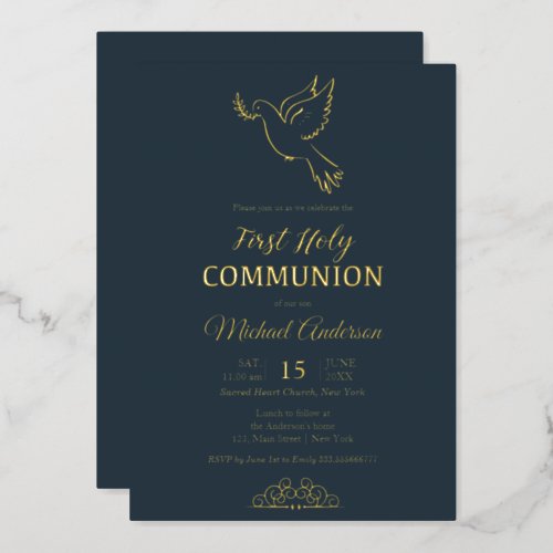Gold and blue elegant Communion Invitation Foil Invitation