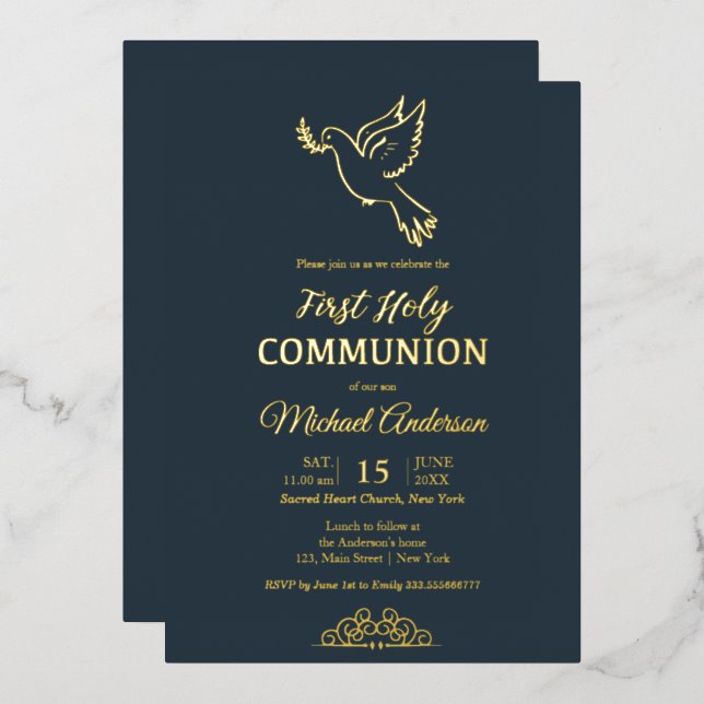 Gold and blue elegant Communion Invitation Foil Invitation (Front/Back)
