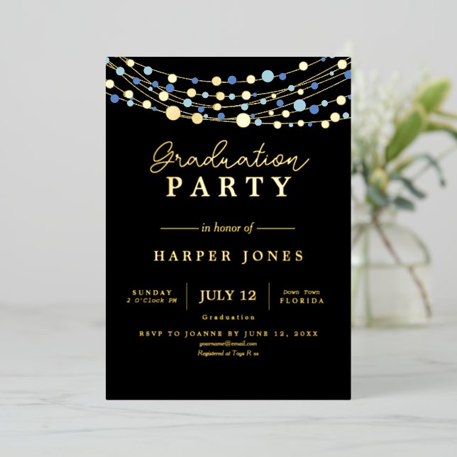 Gold and blue elegant Graduation Class of 2025 Foil Invitation (Standing Front)