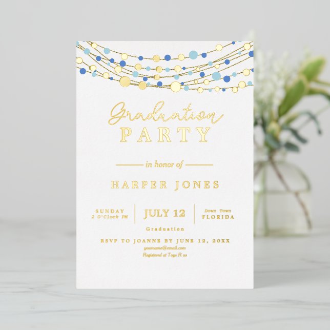 Gold and blue elegant Graduation Class of 2025 Foil Invitation (Standing Front)