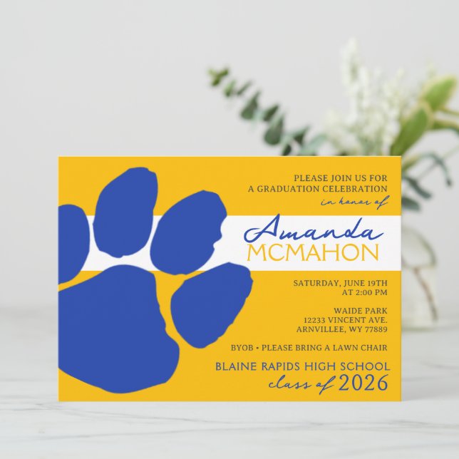 Gold and Blue Elegant Pawprint (Photo Back) Invitation (Standing Front)