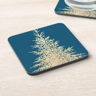 Gold and blue evergreen tree elegant winter beverage coaster