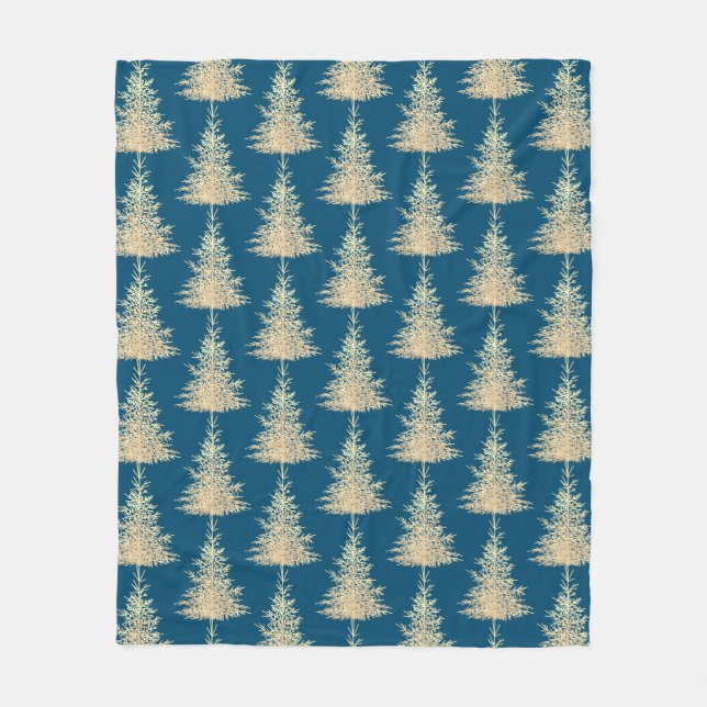 Gold and blue evergreen tree elegant winter fleece blanket (Front)