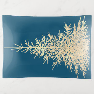 Gold and blue evergreen tree elegant winter trinket tray
