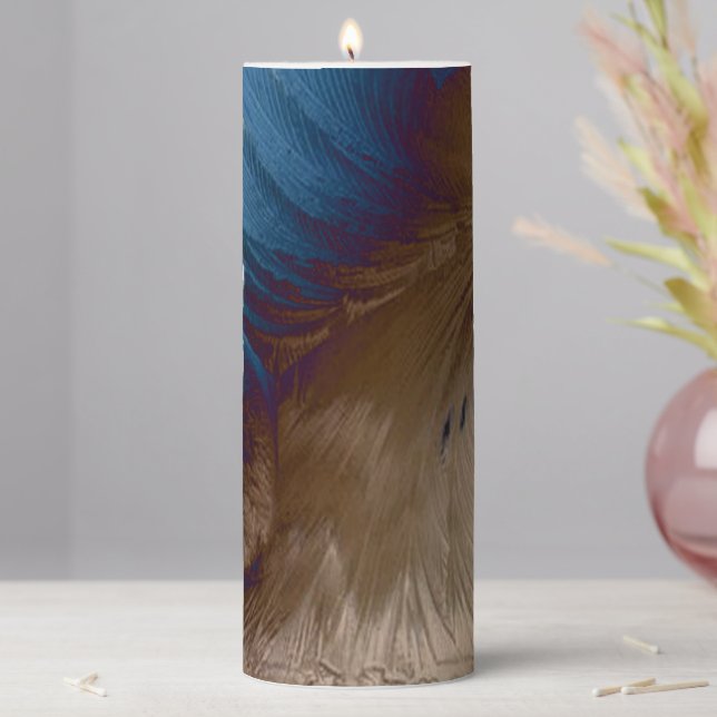 Gold and Blue Feathers Pillar Candle (In Situ)