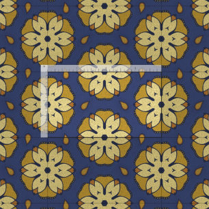 Gold and Blue Floral and Teardrop Pattern Fabric