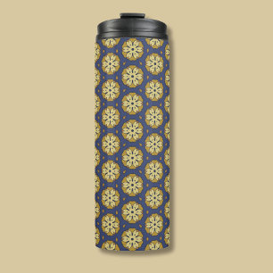 Gold and Blue Floral and Teardrop Pattern Thermal Tumbler