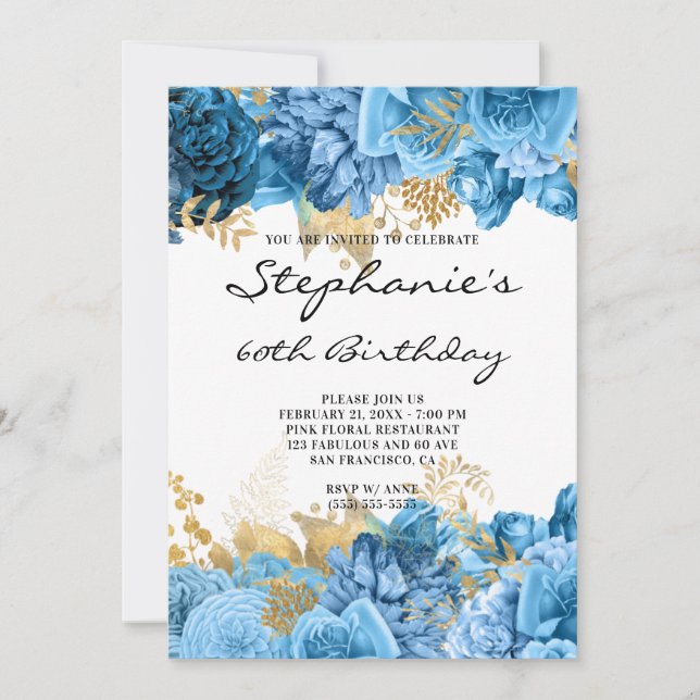Gold and Blue Floral Borders 60th Birthday Invitation (Front)