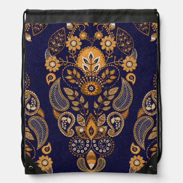 Gold and blue, floral seamless pattern. drawstring bag (Front)
