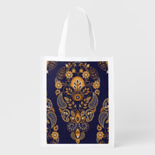 Gold and blue, floral seamless pattern. grocery bag