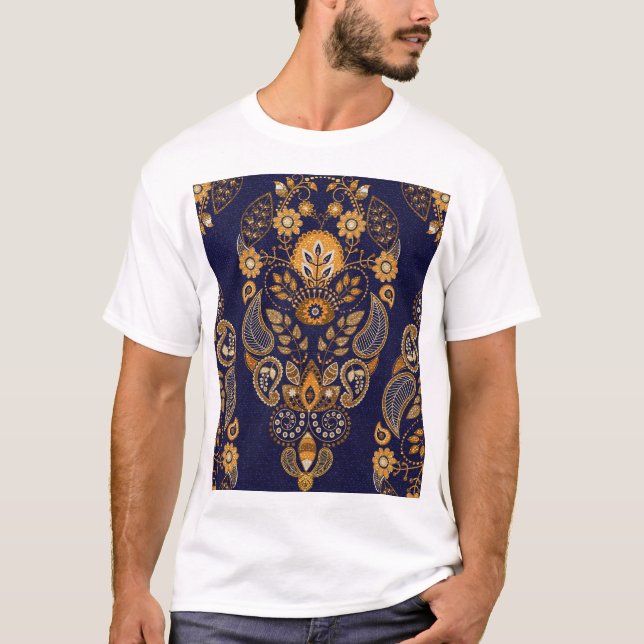 Gold and blue, floral seamless pattern. T-Shirt (Front)