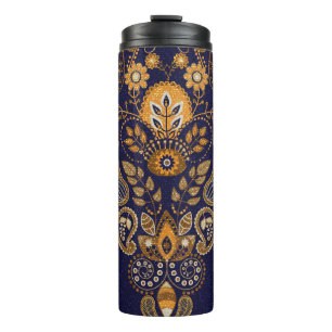 Gold and blue, floral seamless pattern. thermal tumbler