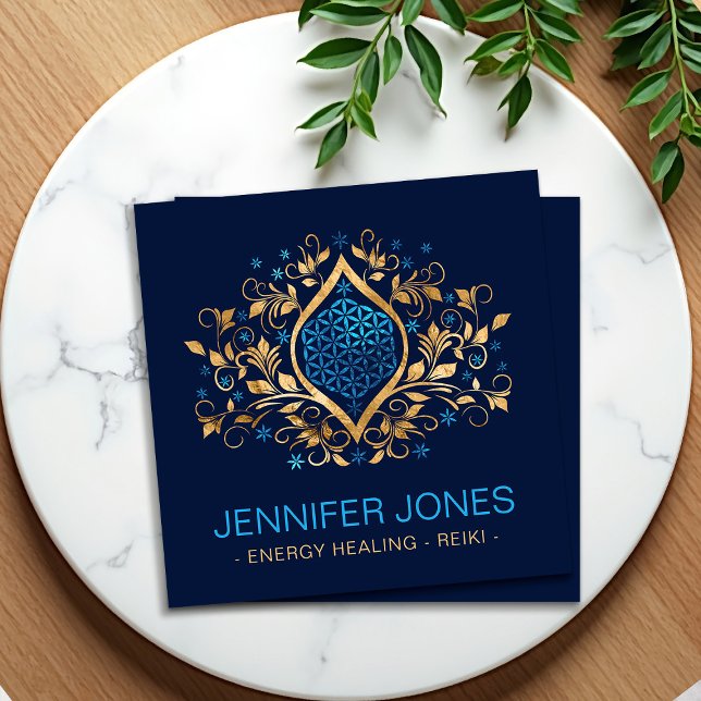 Gold and blue Flower of life ornament  Square Business Card (Creator Uploaded)
