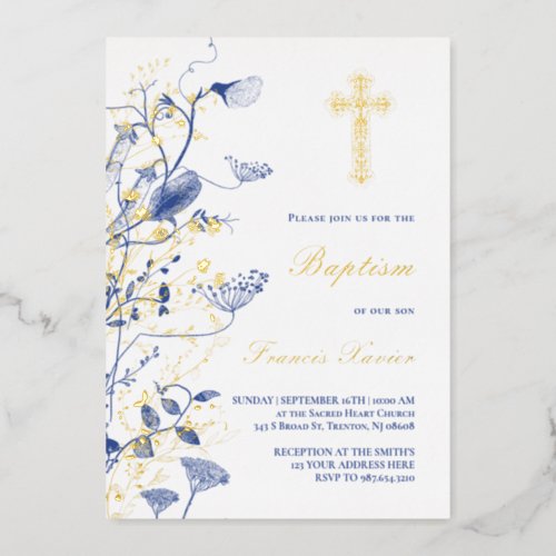 gold and blue flowers Baptism Foil Invitation