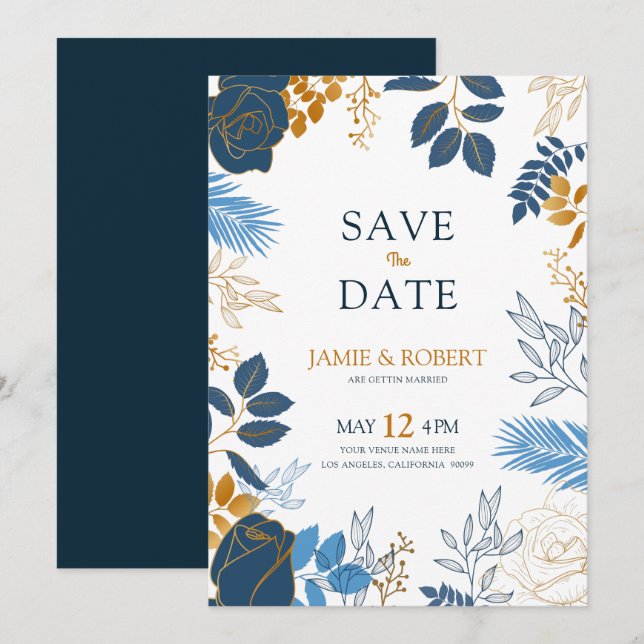 Gold and blue flowers modern wedding frame invitation (Front/Back)