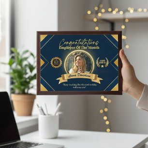 Gold and Blue Geometric Employee Photo   Award Plaque