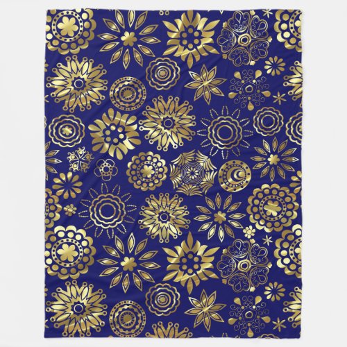 Gold And Blue Geometric Irises Pattern Fleece Blanket