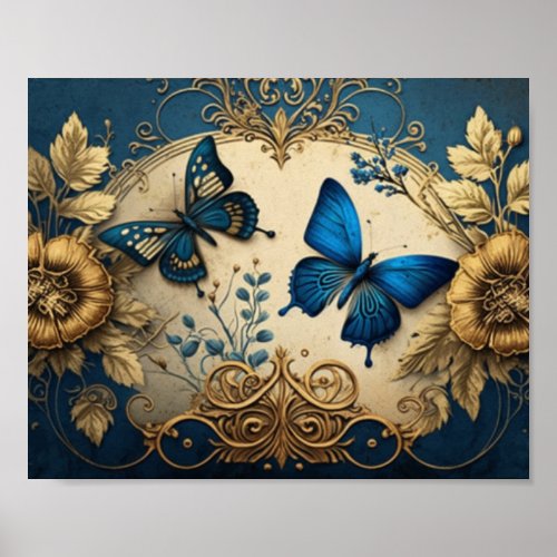 Gold and Blue gilded butterfly Decoupage  Poster