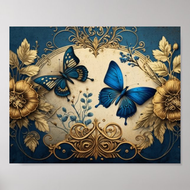 Gold and Blue gilded butterfly Decoupage  Poster (Front)