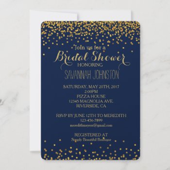 Gold And Blue Glam Confetti Dots Bridal Shower Invitation by peacefuldreams at Zazzle
