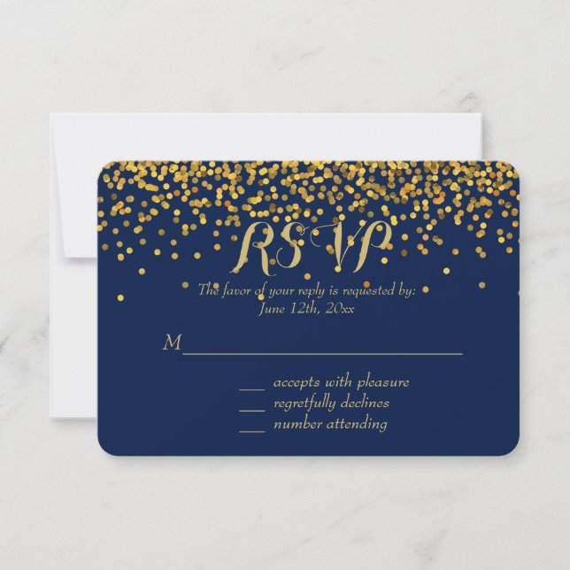 Gold and Blue Glam Confetti Dots RSVP Card (Front)