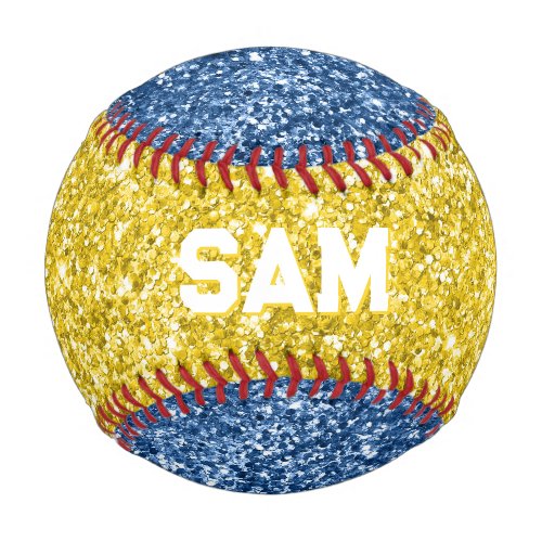 Gold and Blue Glitter Bold Sport Monogram Baseball