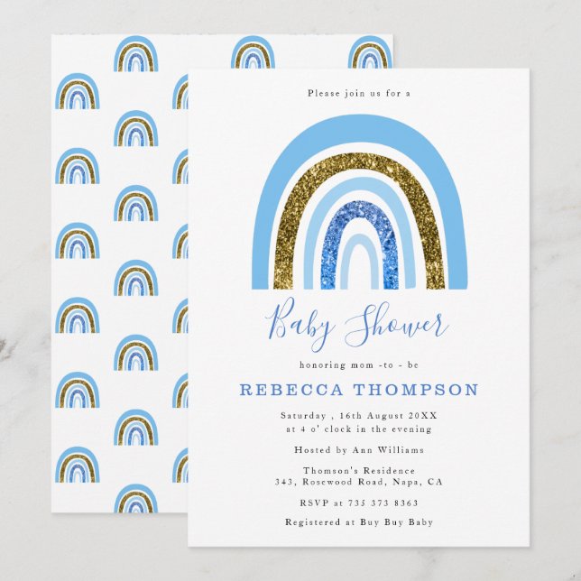 Gold and Blue Glitter Cute Rainbow Baby Shower Invitation (Front/Back)