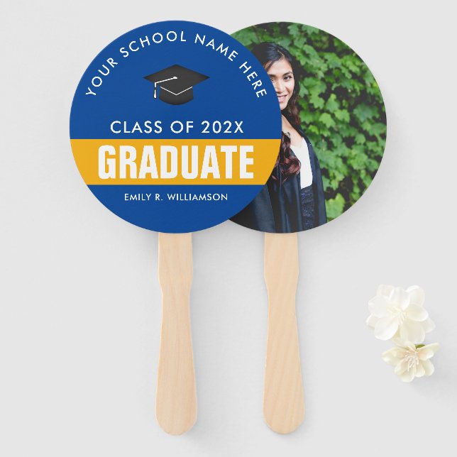 Gold and Blue Graduation Personalized Hand Fan (Front and Back)