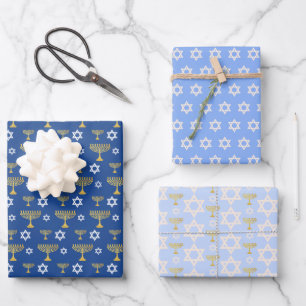 Gold And Blue Hanukkah Holiday Pattern Wrapping Paper Sheets