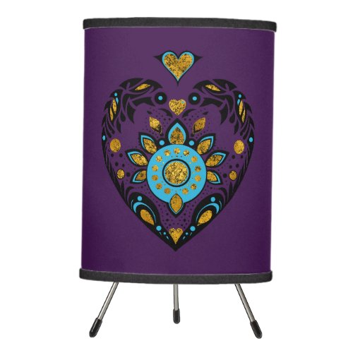 Gold and blue heart on purple background tripod lamp